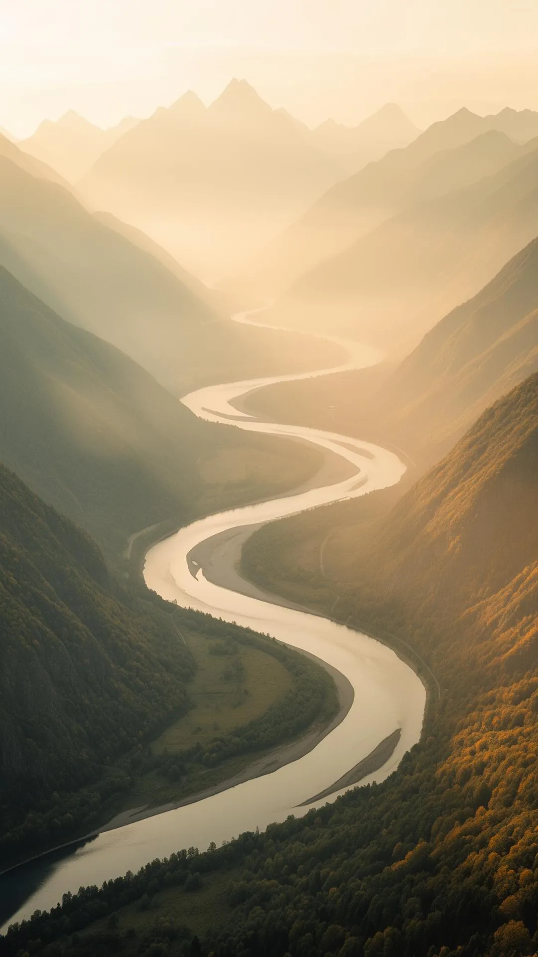Misty mountain river at golden hour