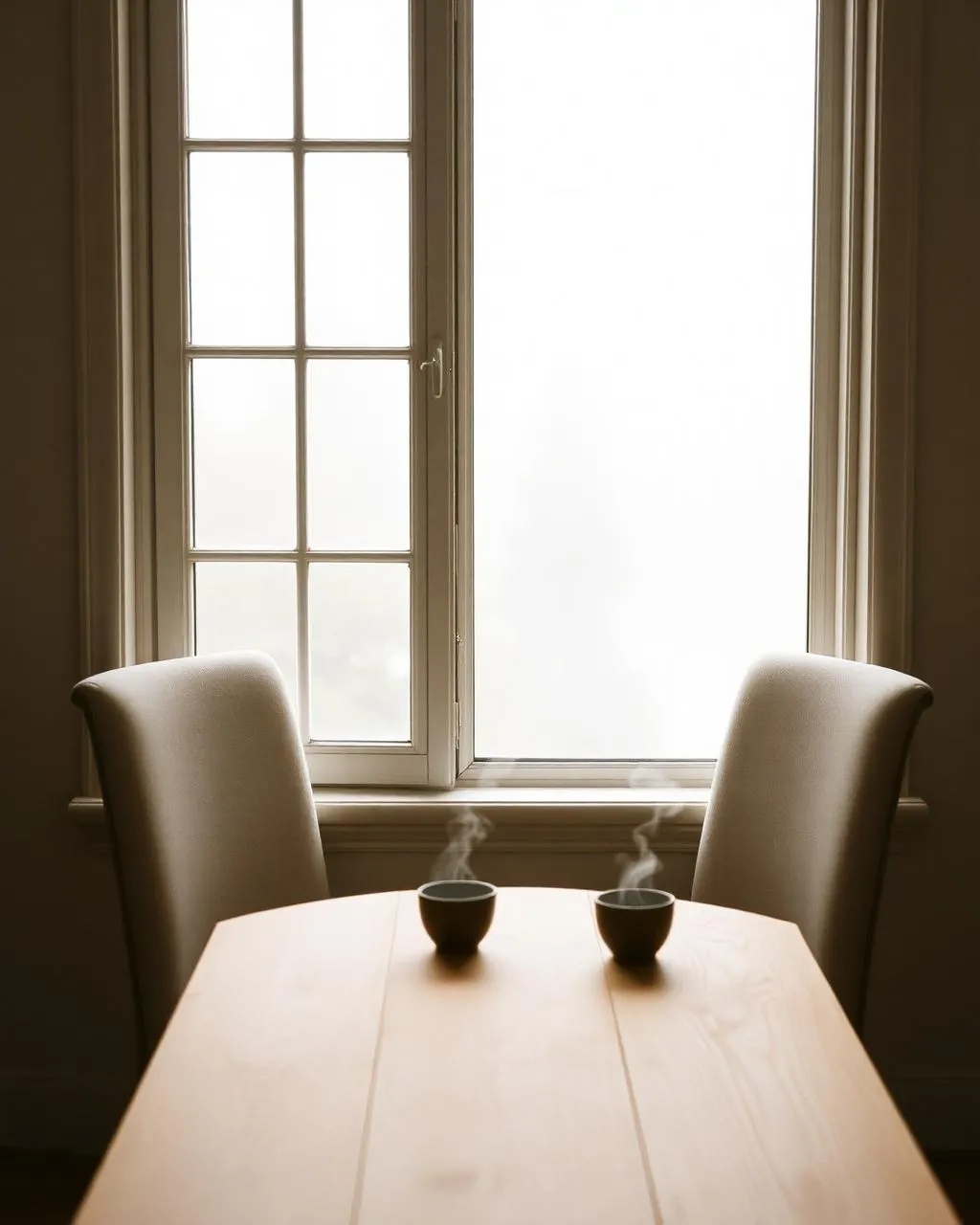 Two empty chairs facing each other across a wooden table by a tall window with morning light