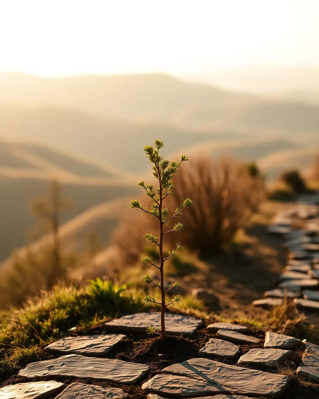 A young sapling growing beside a weathered stone path at golden hour